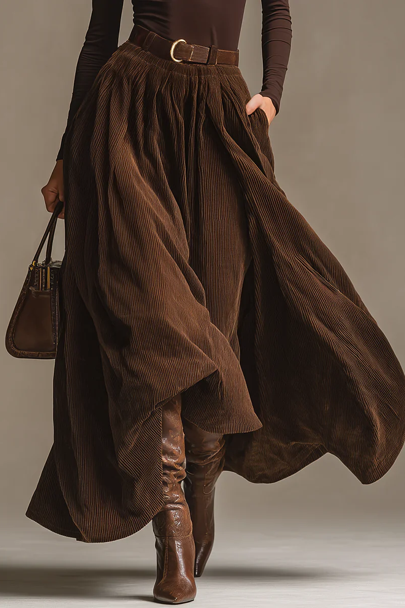 Dark Brown Turtleneck Top And Corduroy Skirt Set