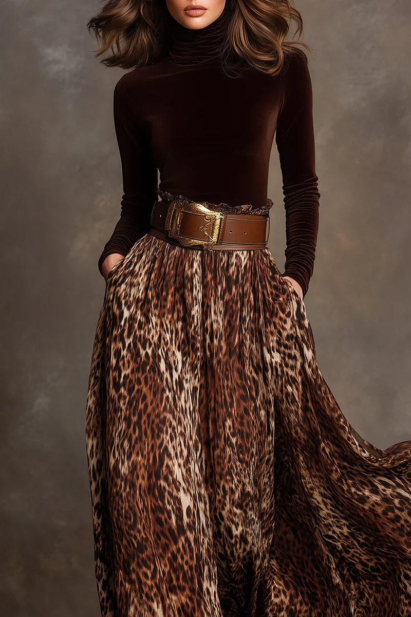 Elegant Velvet Turtleneck Top and Leopard Print Skirt Set