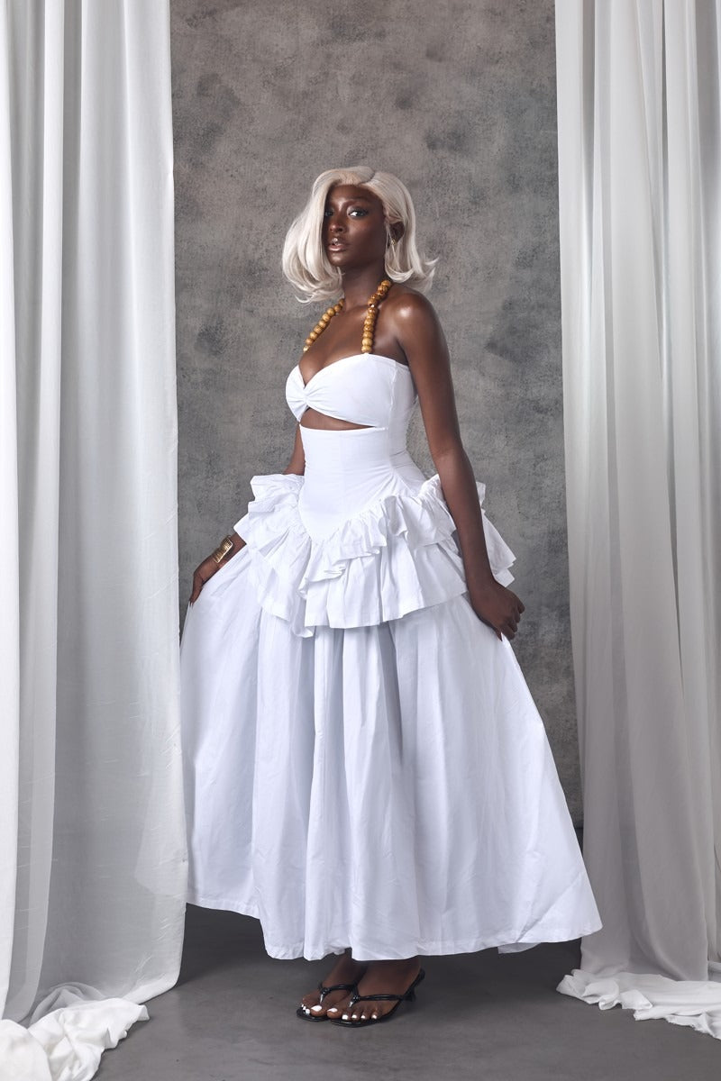 White Corset Tiered Ruffle Maxi Dress
