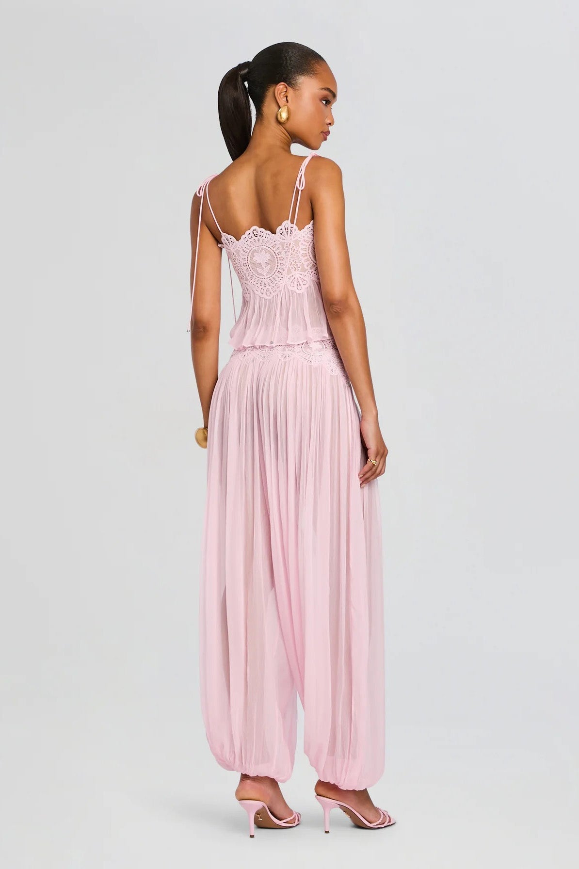 Florale Guipure-Spitzenhose mit hoher Taille und ballonförmigem Schnitt