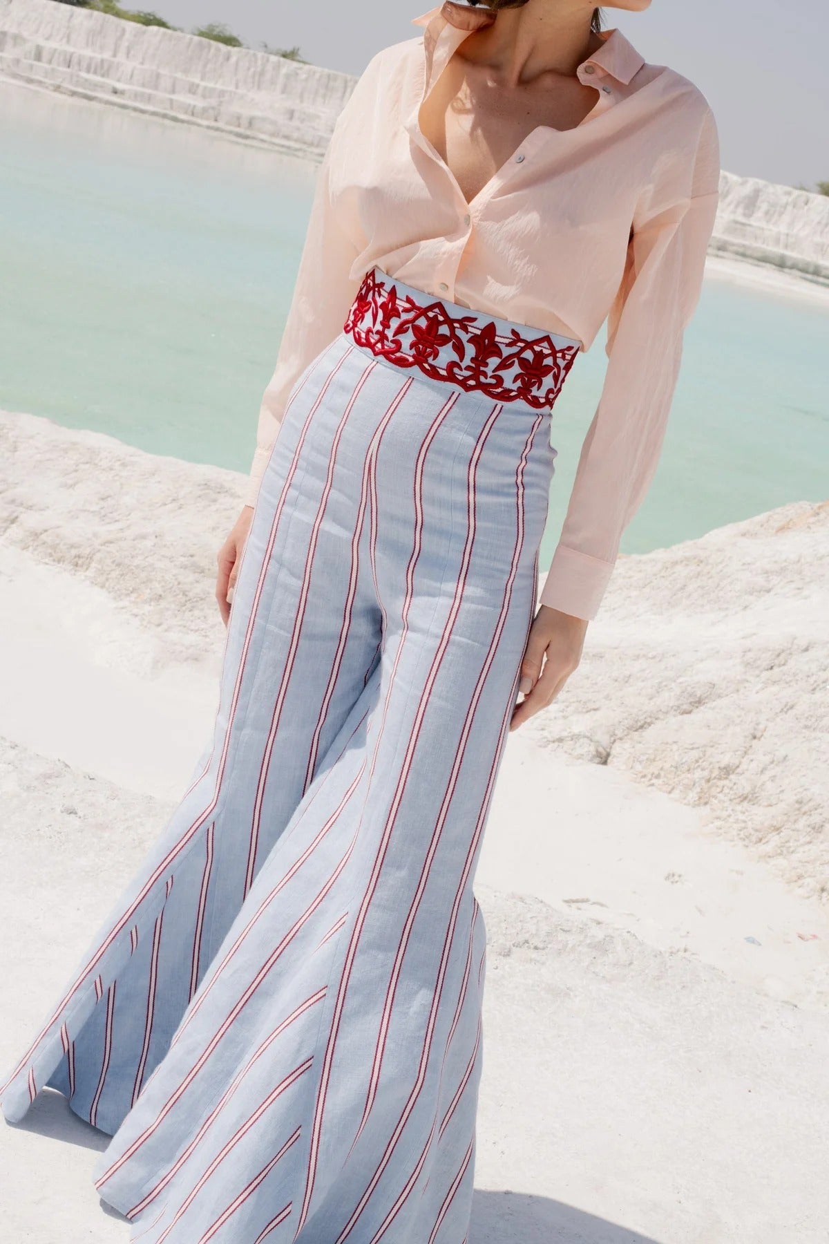 Blue Striped Wide-Leg Pants