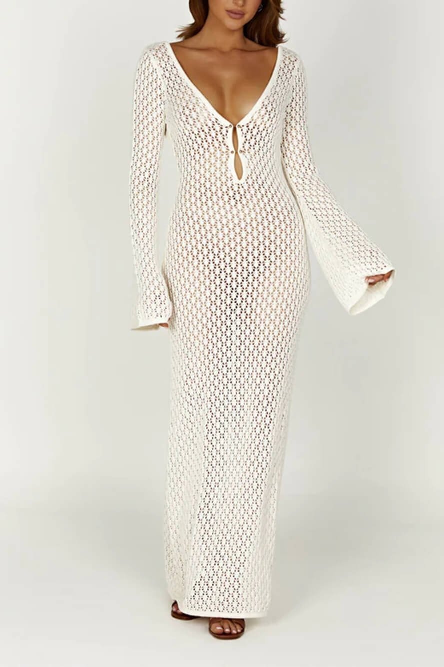 Crochet Fishtail Flare Sleeve Maxi Dress