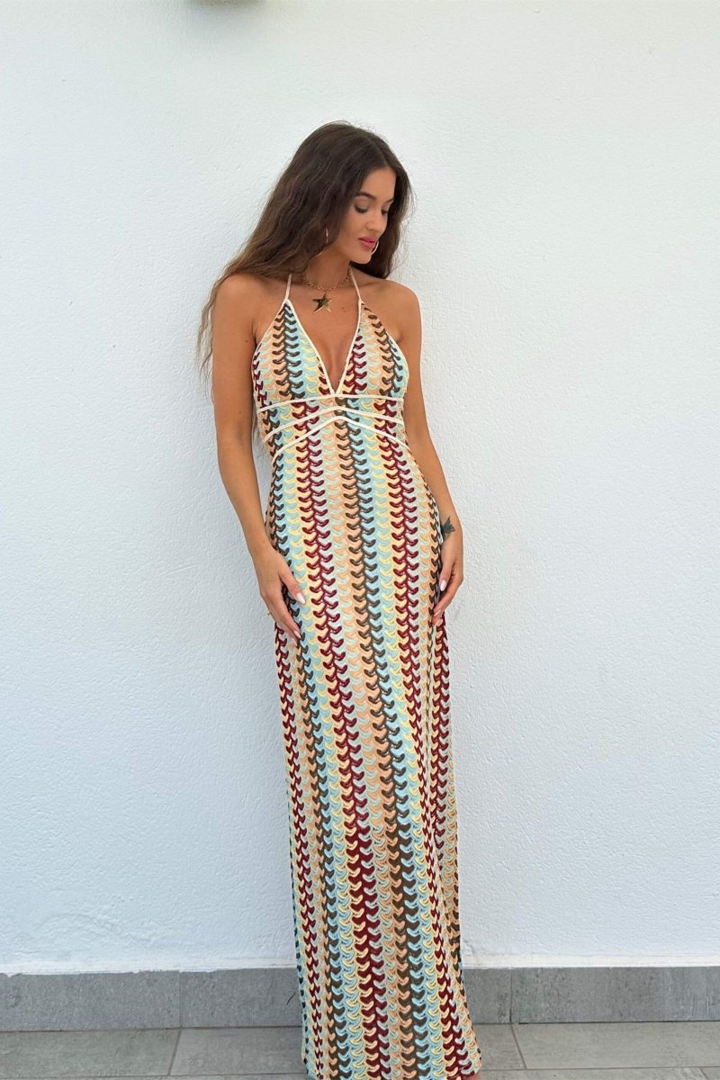 Halter V Neck Backless Boho Pattern Knit Slim-Fit Vacation Maxi Dresse Halter V Neck Backless Boho Pattern Knit Slim-Fit Vacation Maxi Dresse