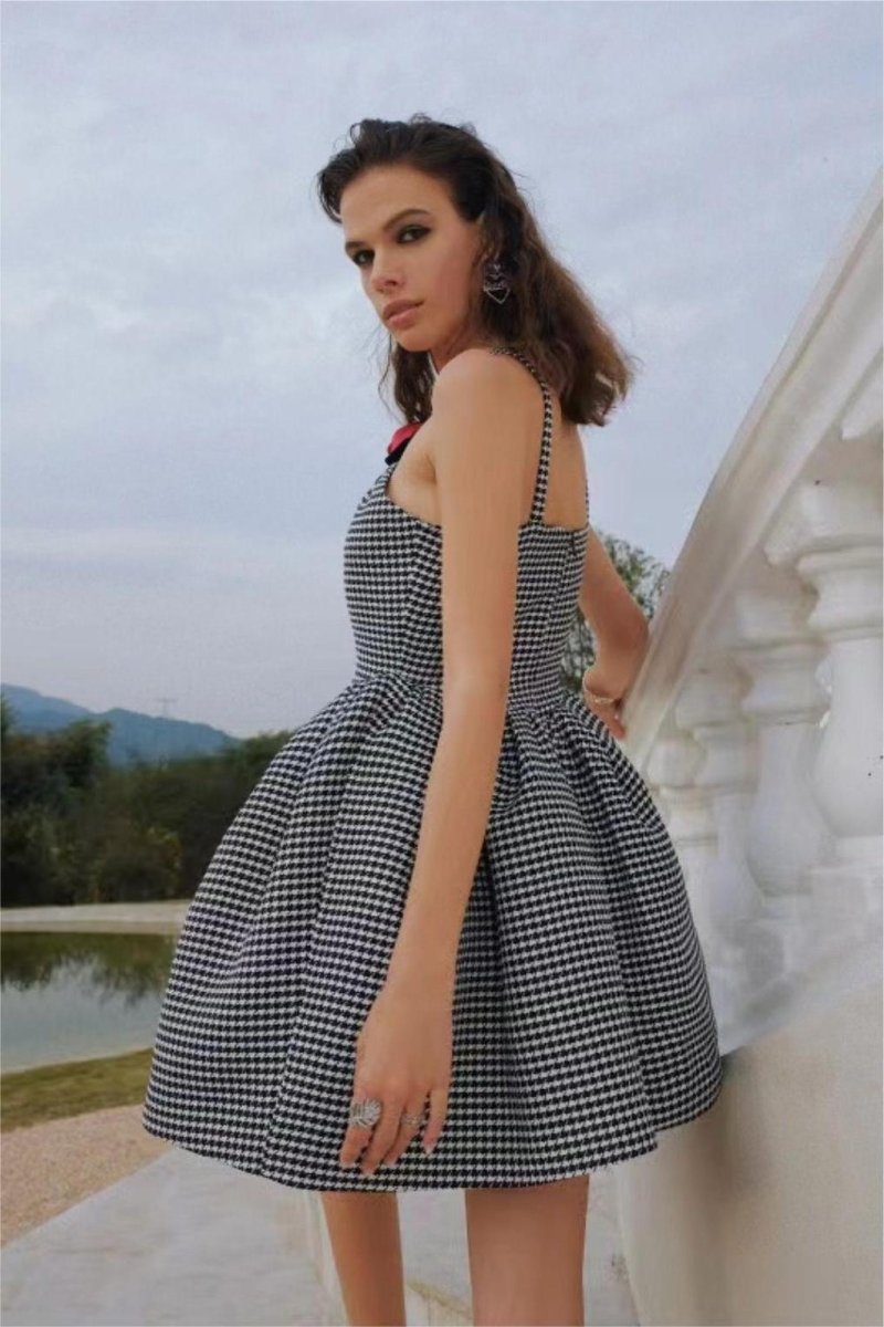 Mona Houndstooth Roze Strik Getrimde A-lijn Mini Jurk