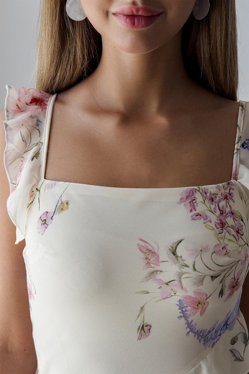 Naomi bloemen cami midi-jurk met ruches en split