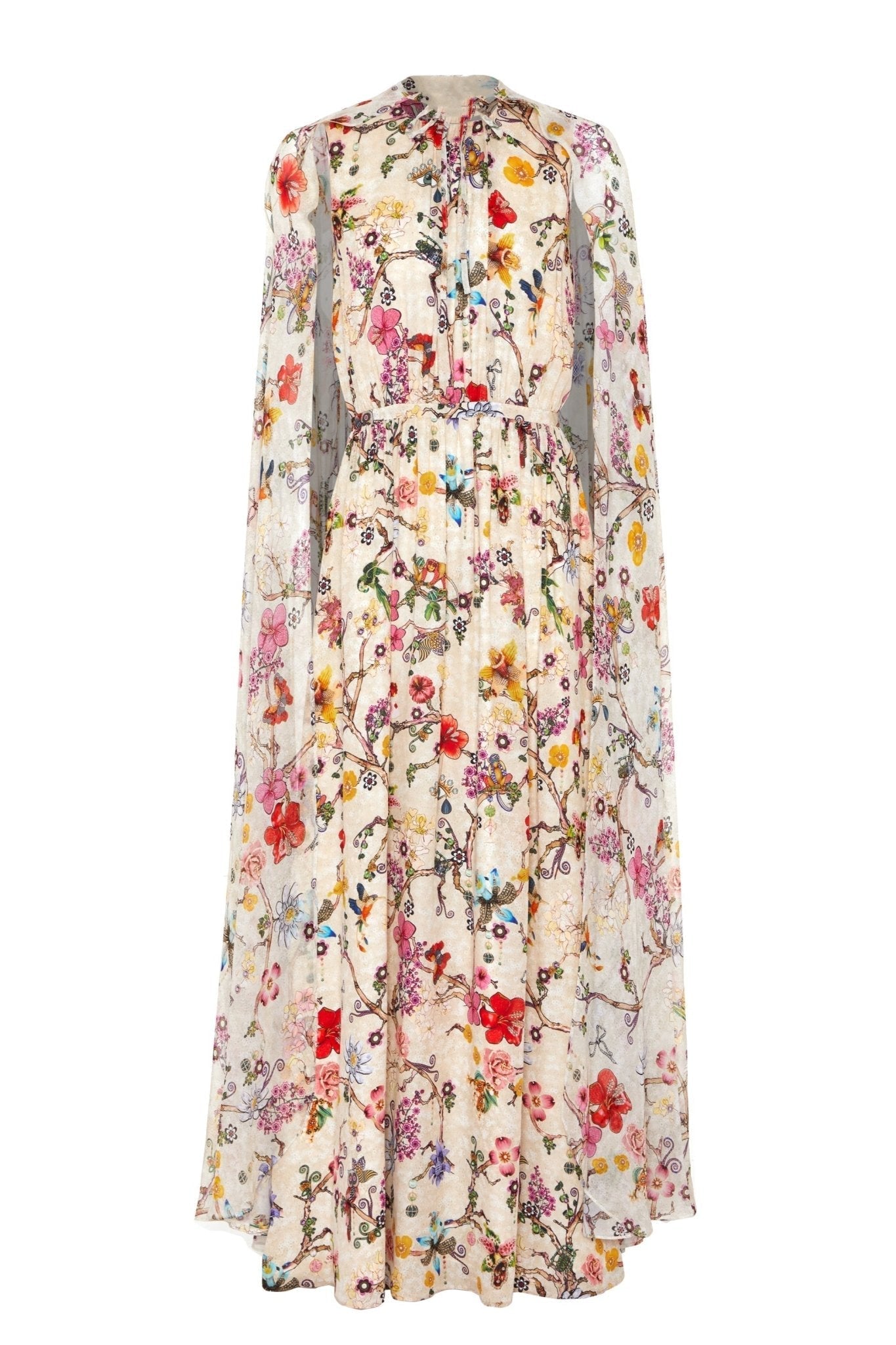 Nola maxi-jurk met ronde hals en cape-mouwen