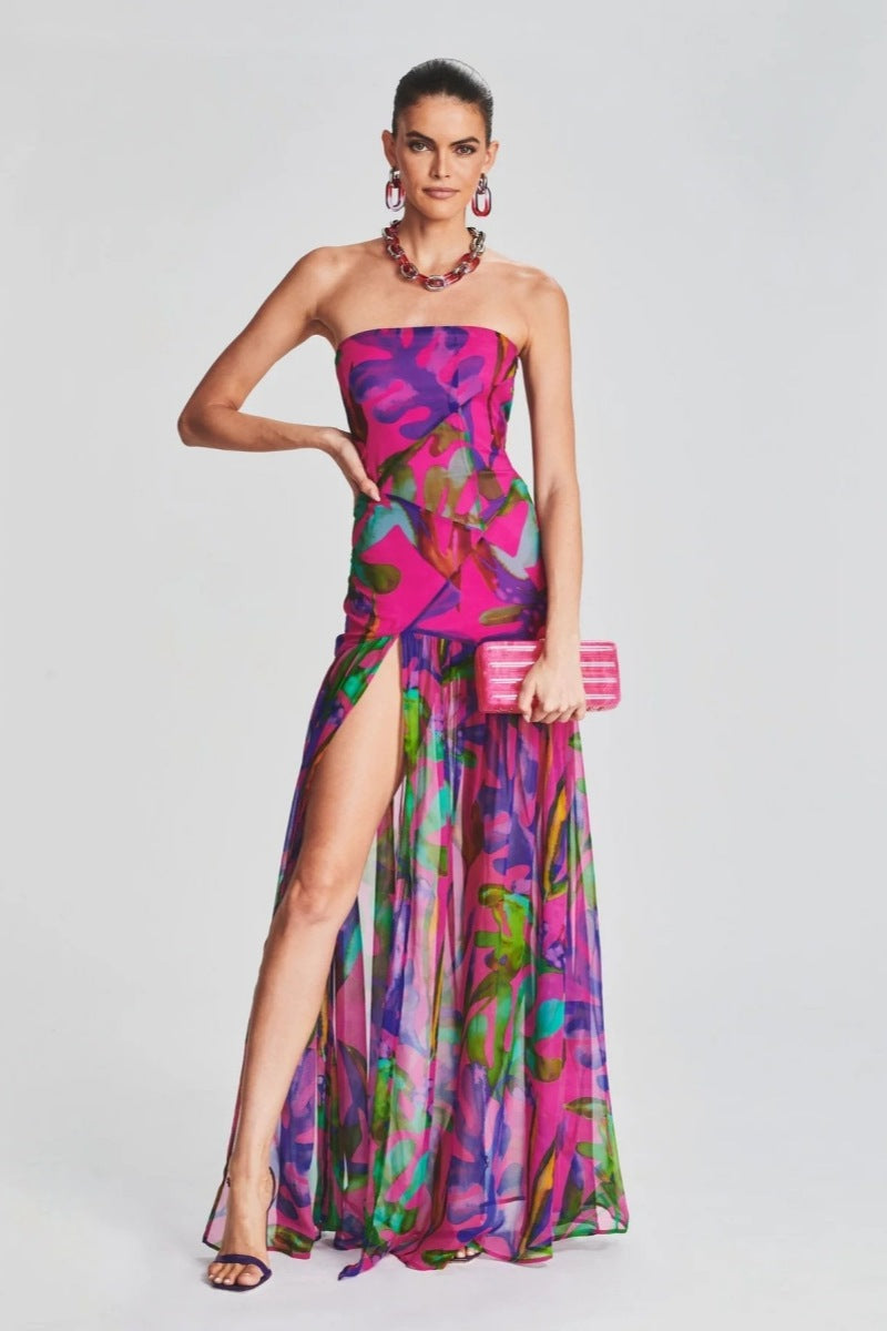 Pam Bedrukte Strapless Maxi-jurk met Split