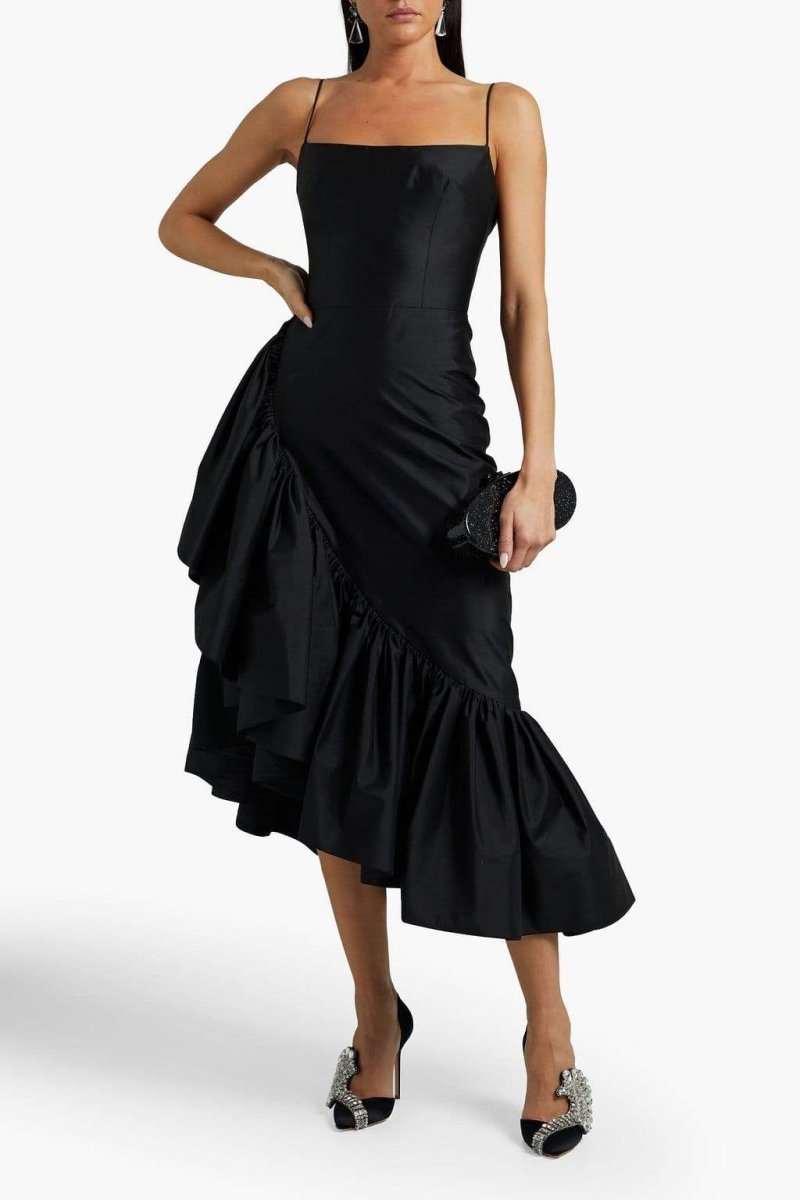 dresses-Polly Asymmetric Ruffled Midi Dress-SD00604222718-Black-S - Sunfere