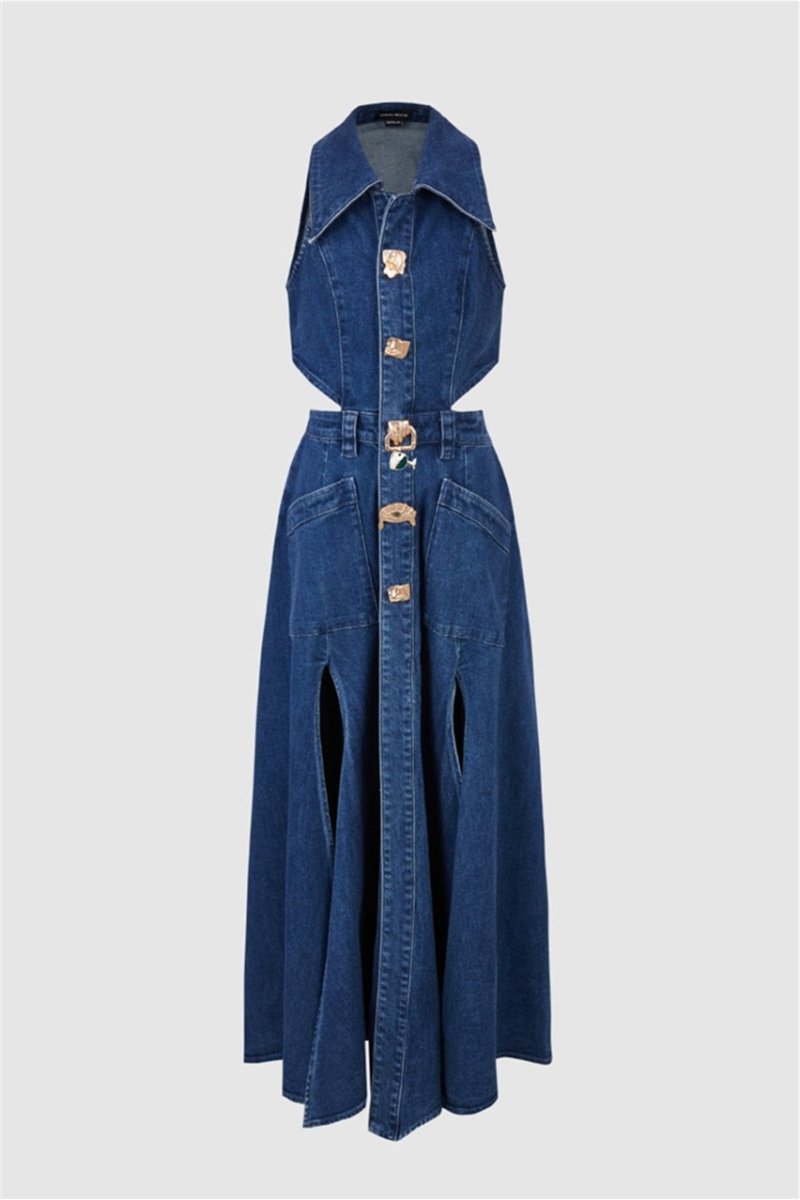 Regina reverskraag met uitsnijding denim maxi-jurk
