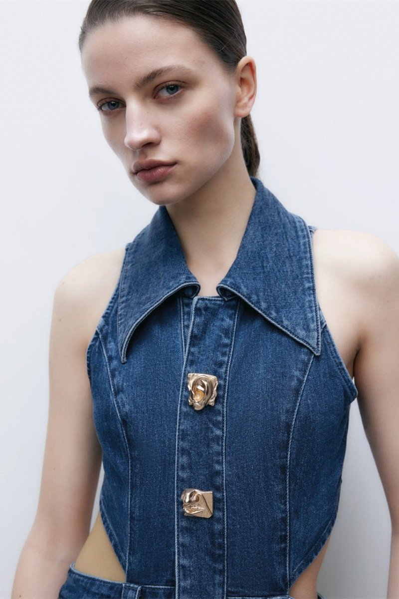 Regina reverskraag met uitsnijding denim maxi-jurk