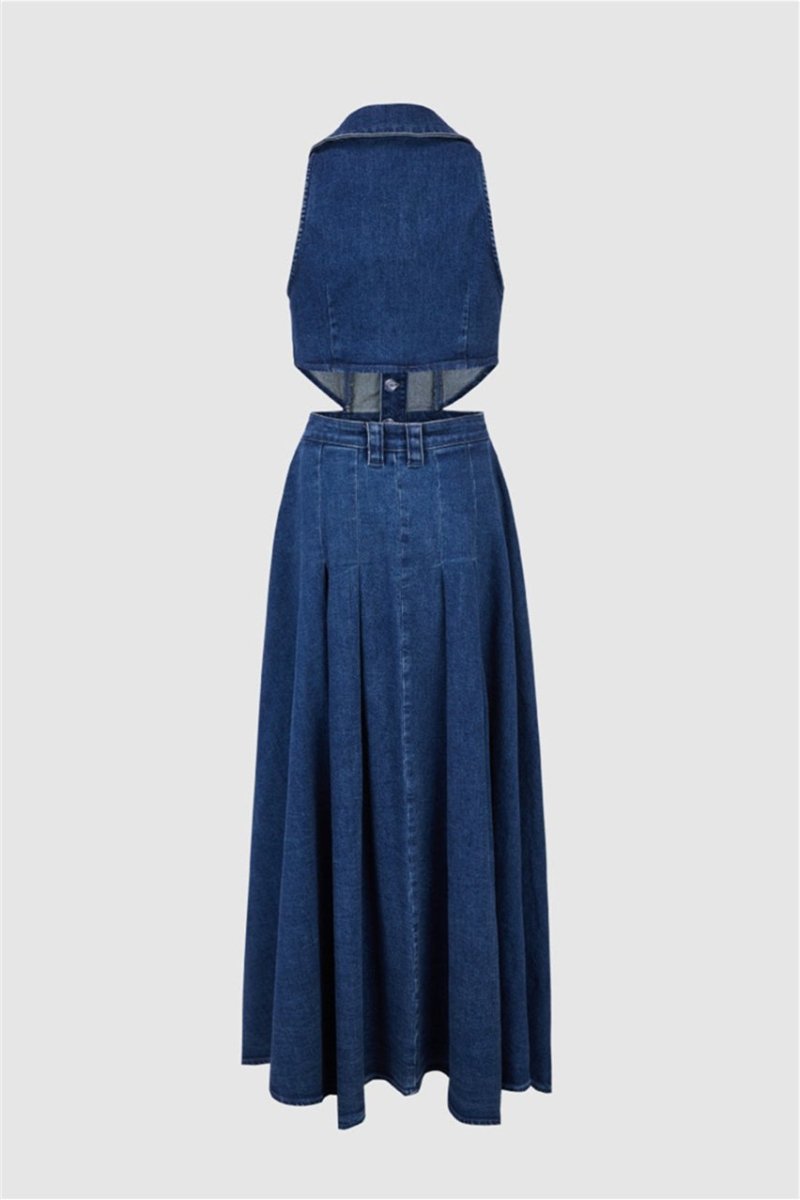 Regina reverskraag met uitsnijding denim maxi-jurk