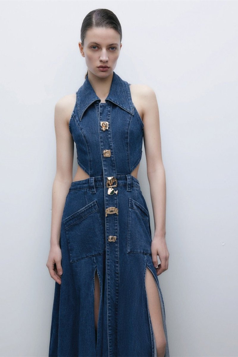 Regina reverskraag met uitsnijding denim maxi-jurk