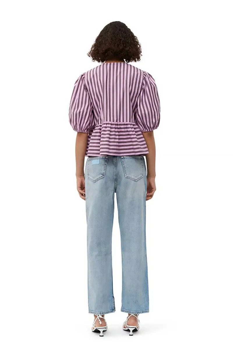 Strepen Puff Mouw Peplum Strik Blouse Kort Topje