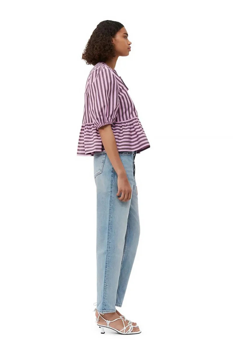 Strepen Puff Mouw Peplum Strik Blouse Kort Topje