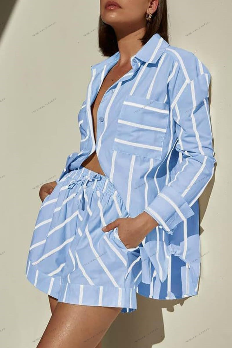 Stripe Colorblock Print Overhemd & Shorts Set