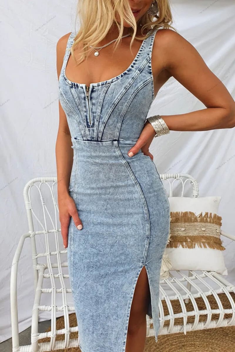 U-hals gespleten denim bodycon tank mini-jurk