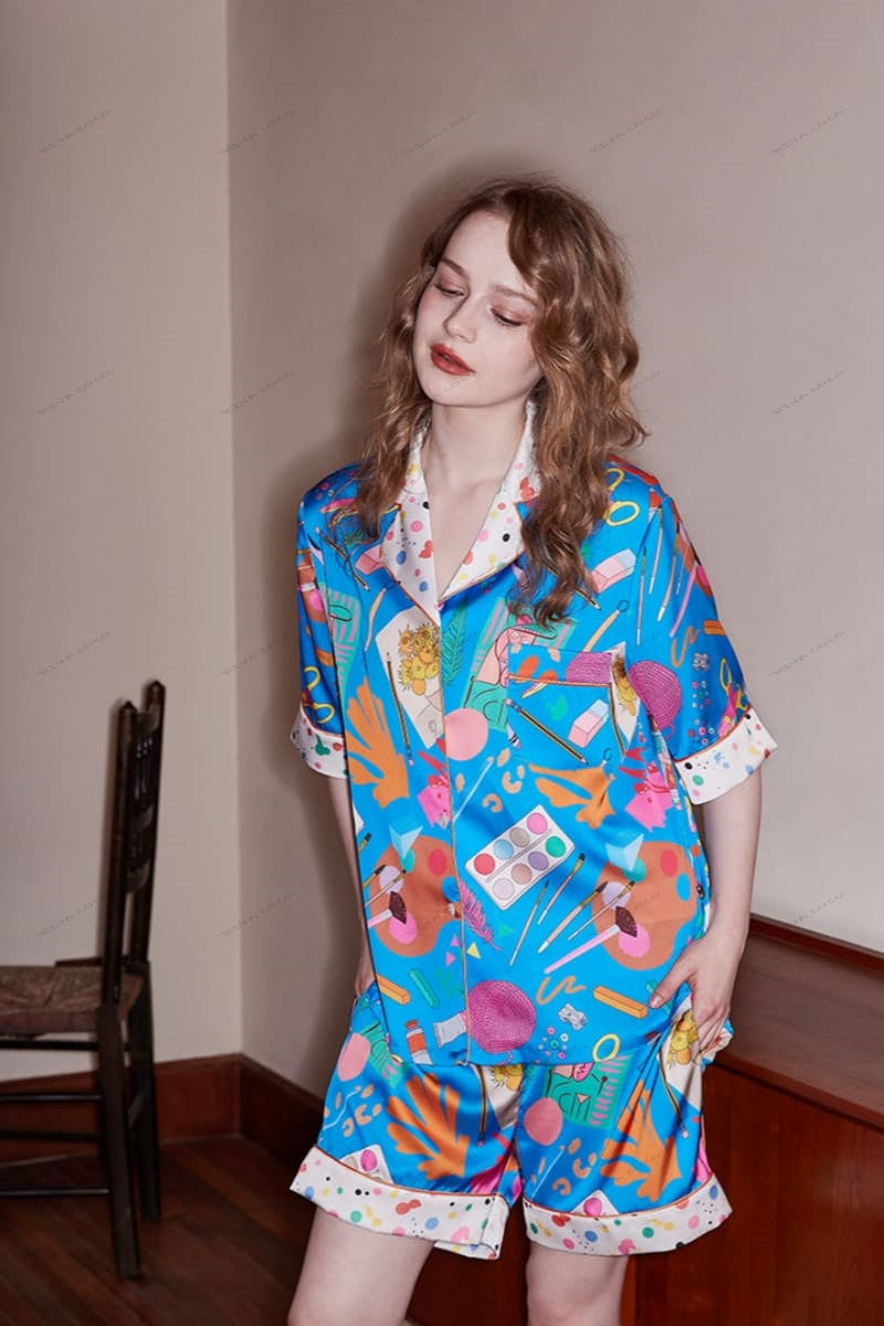 Kantoorartikelen Print Casual Korte Mouw Loungewear Set - Blauw