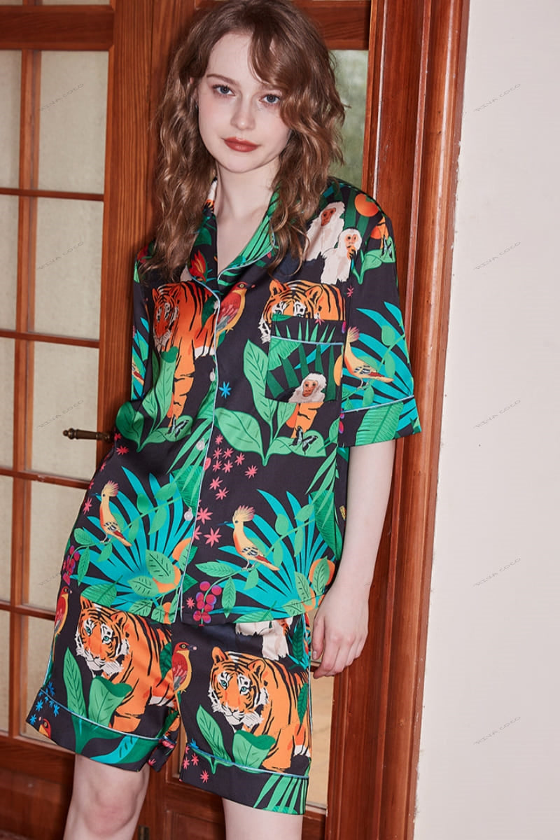 Tijger- en Apenprint IJzeren Zijde Korte Mouw Loungewear Set