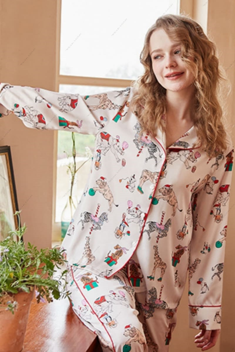 Circus Print Ice Silk Long Sleeve Loungewear Set