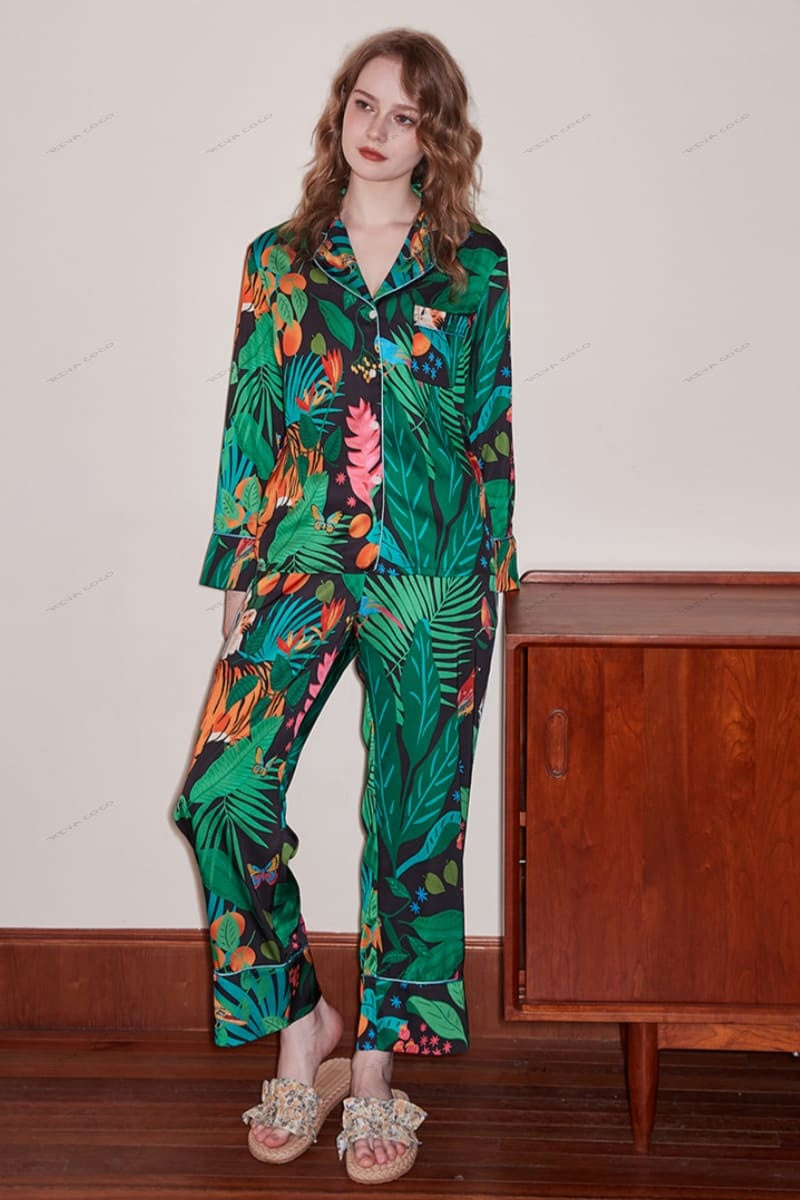 Tijger- en apenprint ijszijde loungewear set met lange mouwen