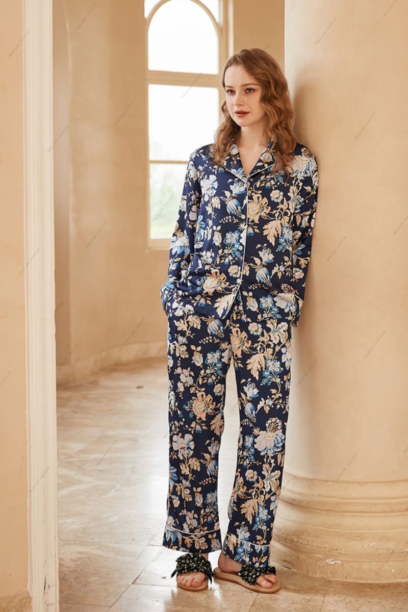 Begonia Flower Print Long-Sleeve Pajama Loungewear Set