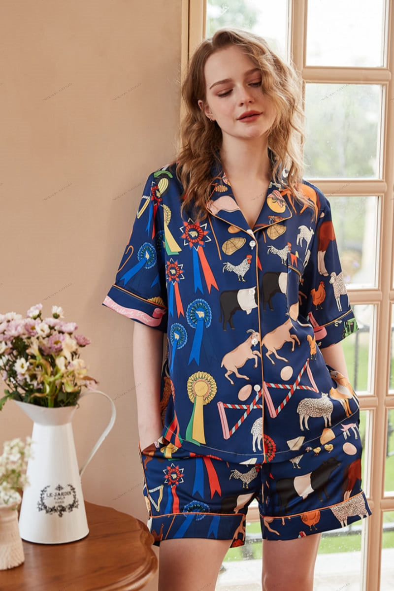 Cute Cartoon Animal Print Short Loungewear Set