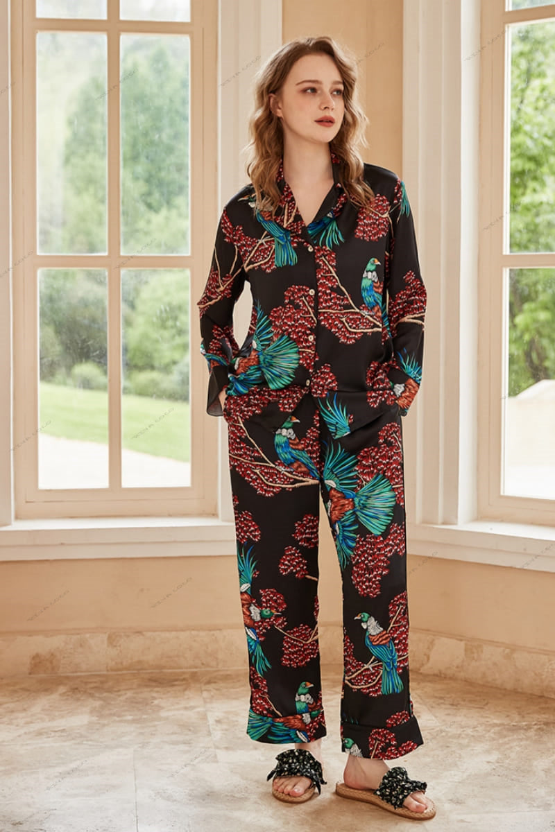 Bird of Paradise Pattern Ice Silk Long Sleeve Pajama Set