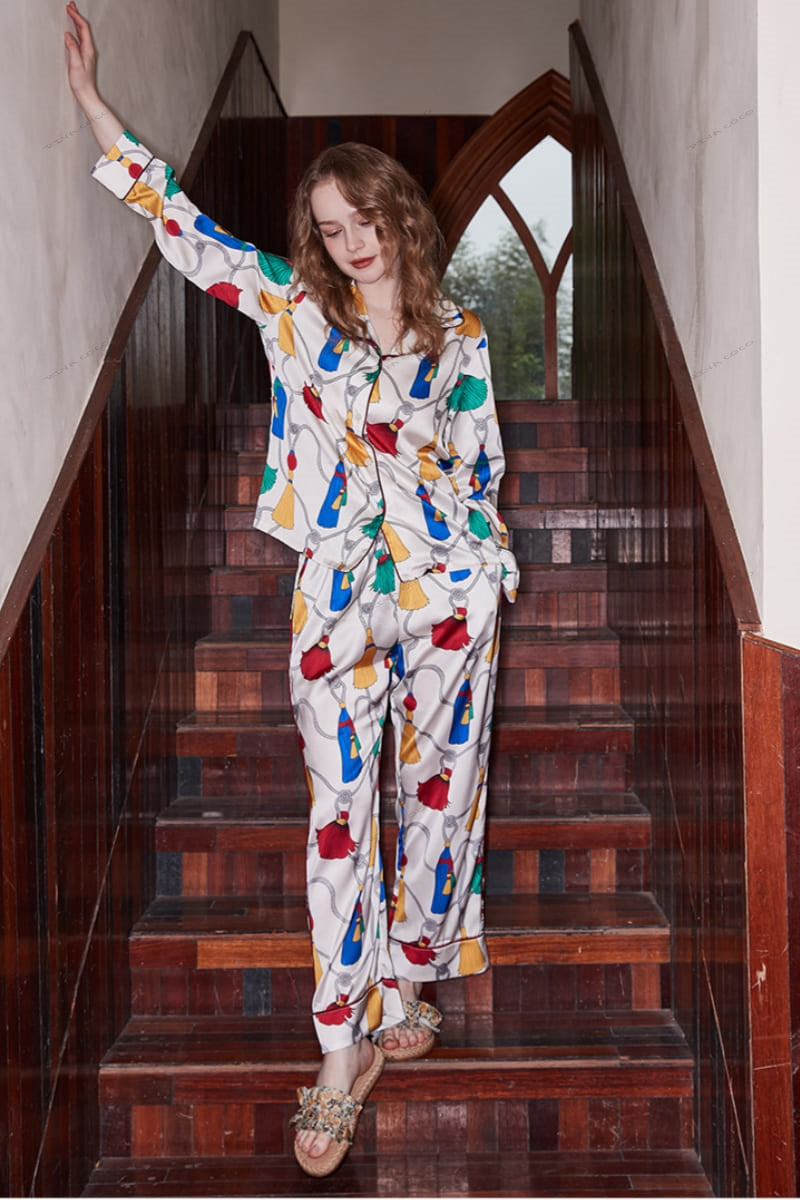 Fringed Pattern Ice Silk Long Sleeve Loungewear Set