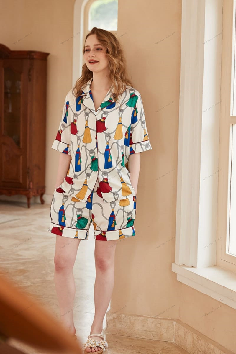Fringe Pattern Ice Silk Short-Sleeve Loungewear Set