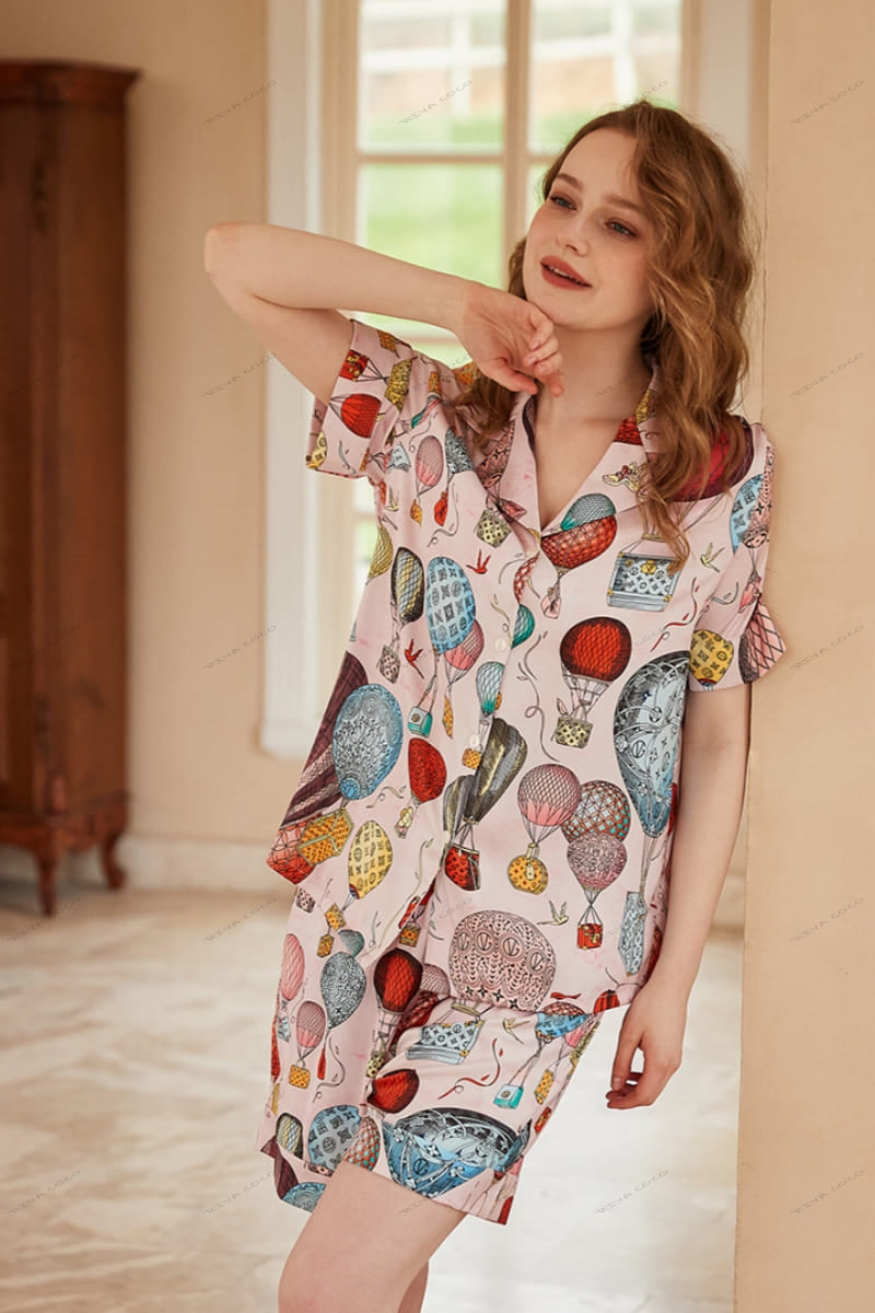 Hot Air Balloon Print Ice Silk Open-Front Short-Sleeve Pajama Set