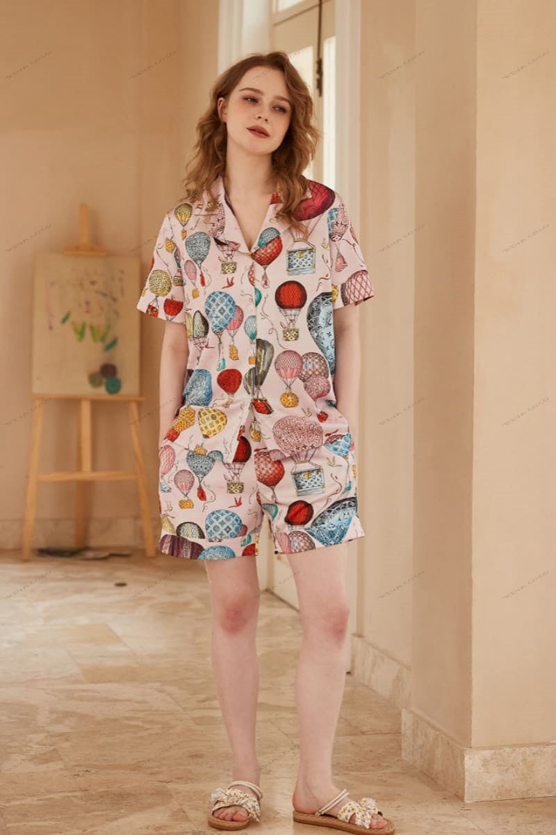 Hot Air Balloon Print Ice Silk Open-Front Short-Sleeve Pajama Set