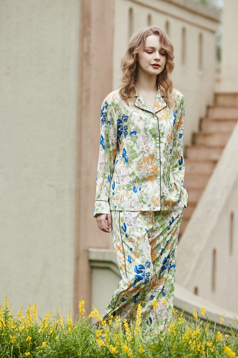 Morning Glory en Lelie Patroon Cardigan Lange Mouwen Pyjama Set