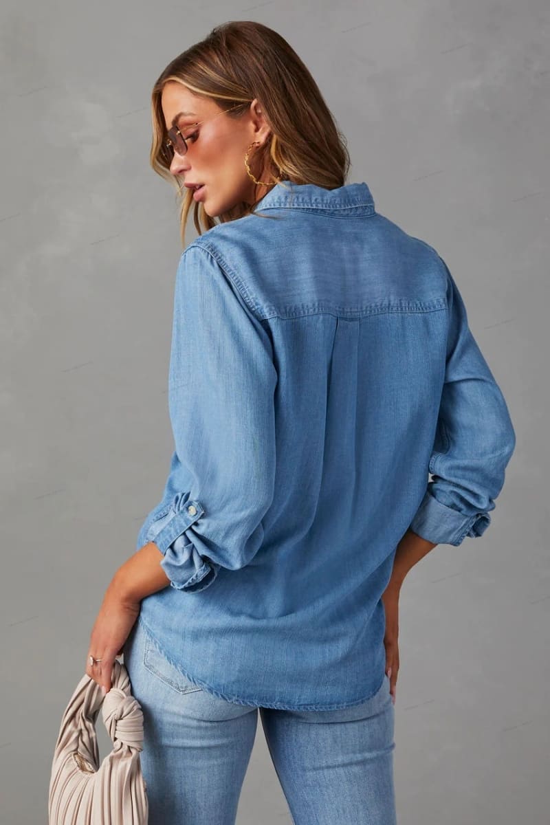 Button Down Roll-Tab Sleeve Denim Shirt