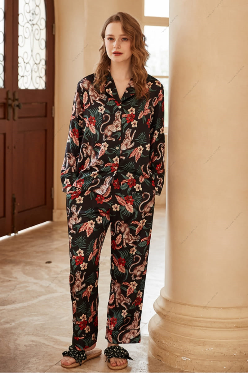 Jaguar and Floral Print Ice Silk Long-Sleeve Loungewear Set