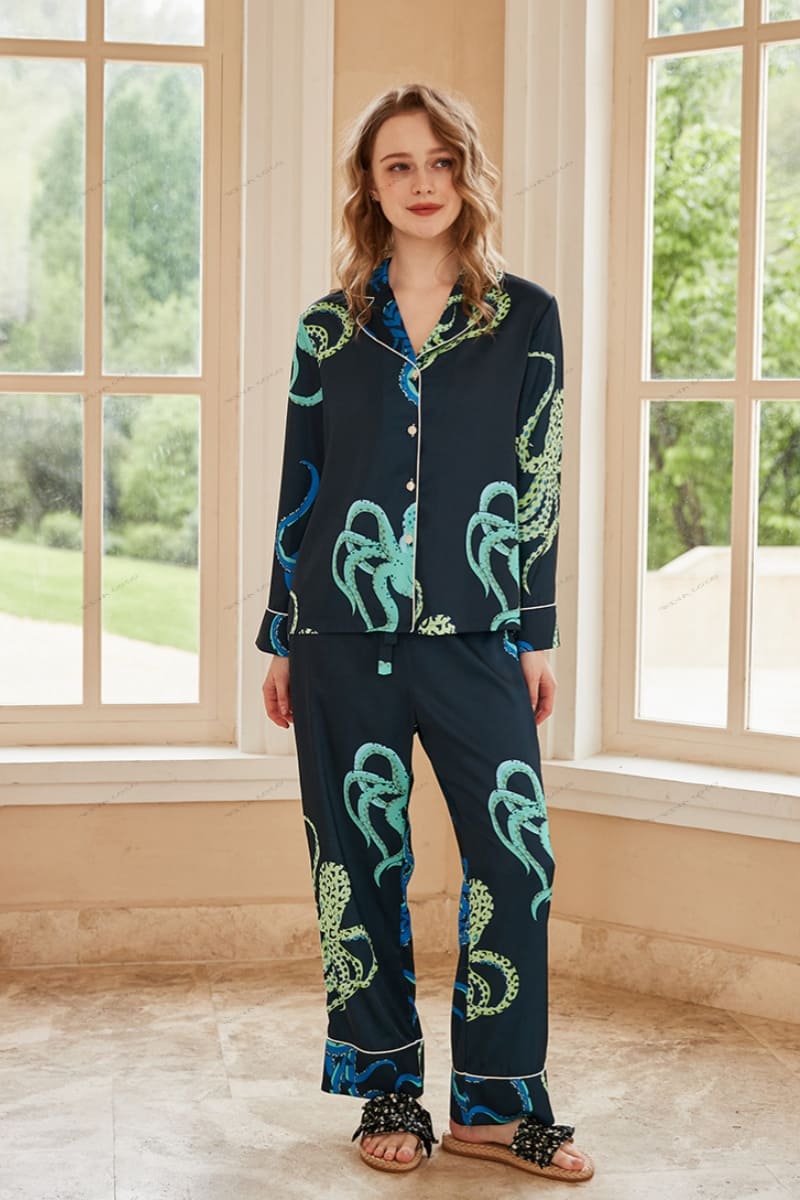 Octopus Print Ice Silk Lange Mouwen Pyjama Loungewear Set