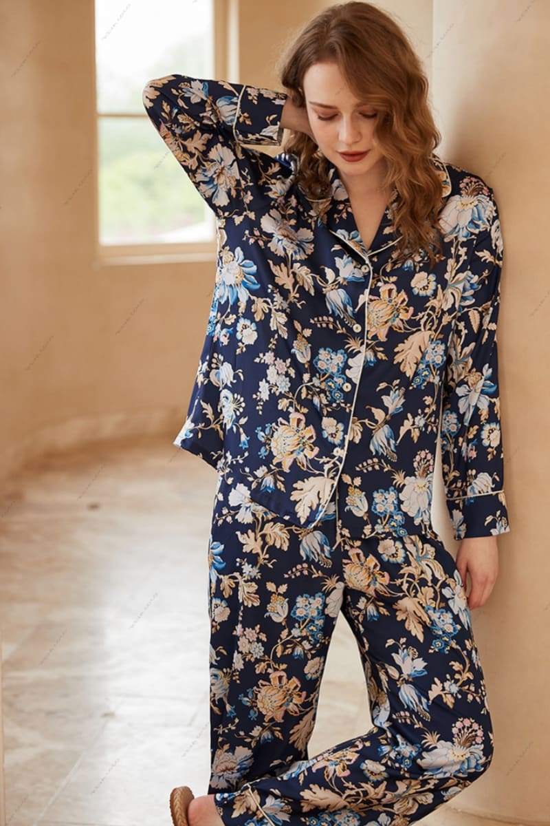Begonia Flower Print Long-Sleeve Pajama Loungewear Set