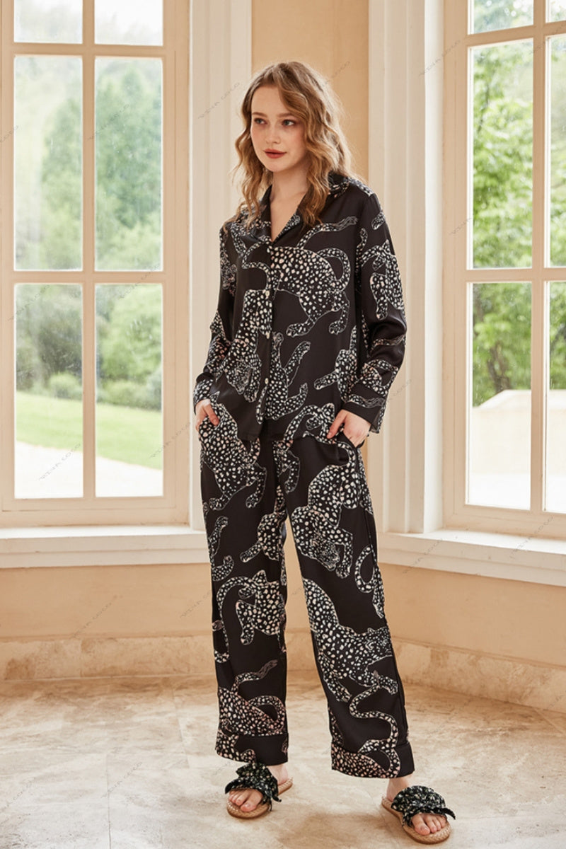 Black Jaguar Print Silk Ice Long-Sleeve Pajama Set