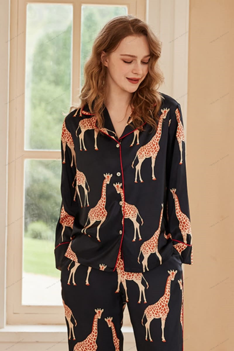 Black Giraffe Print Ice Silk Long-Sleeve Pajama Set