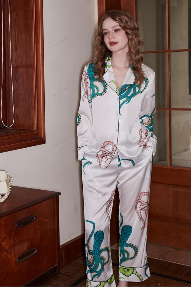 Octopus Print Ice Silk Loungewear Set met Lange Mouwen - Wit