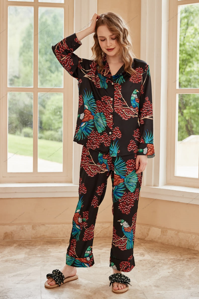 Bird of Paradise Pattern Ice Silk Long Sleeve Pajama Set