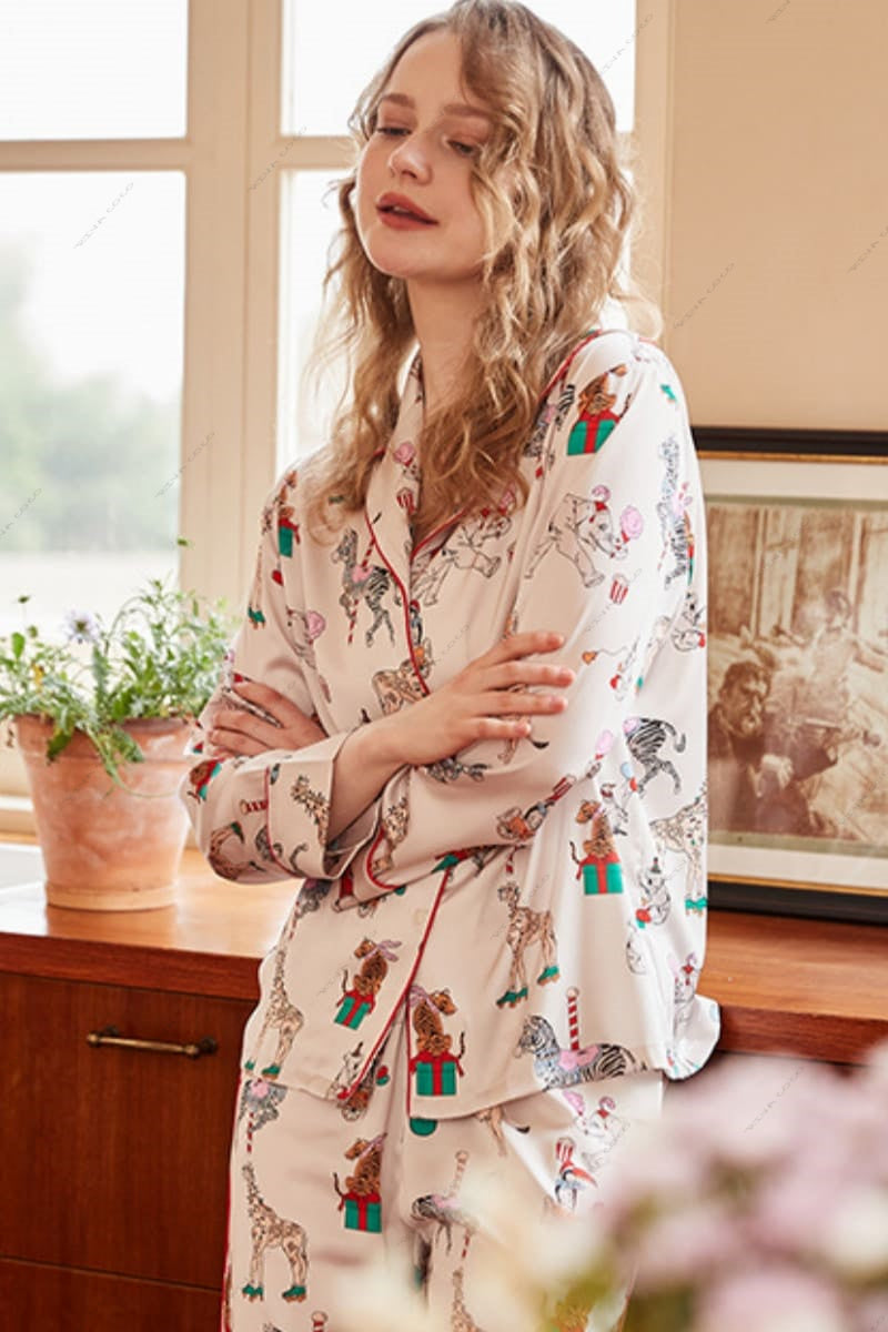 Circus Print Ice Silk Long Sleeve Loungewear Set