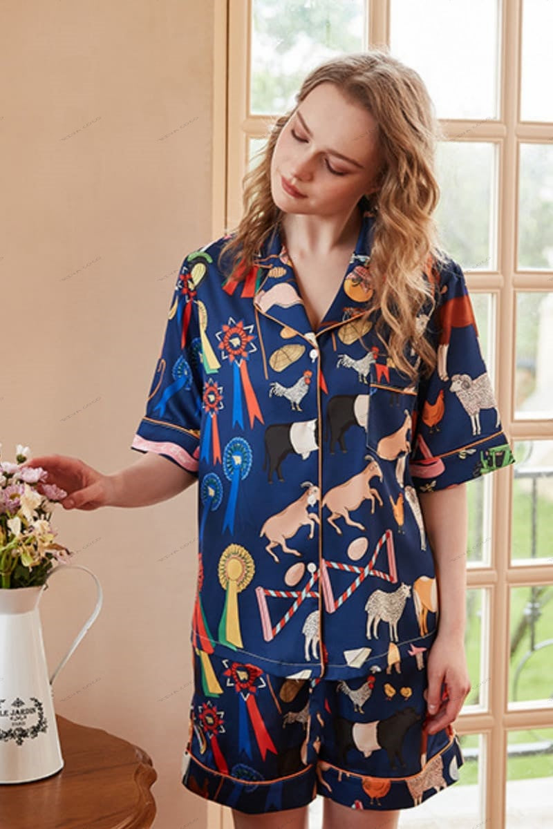Cute Cartoon Animal Print Short Loungewear Set