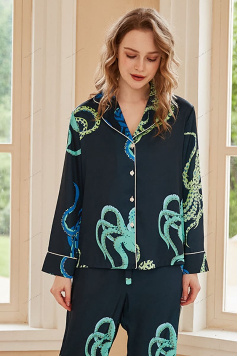Octopus Print Ice Silk Lange Mouwen Pyjama Loungewear Set