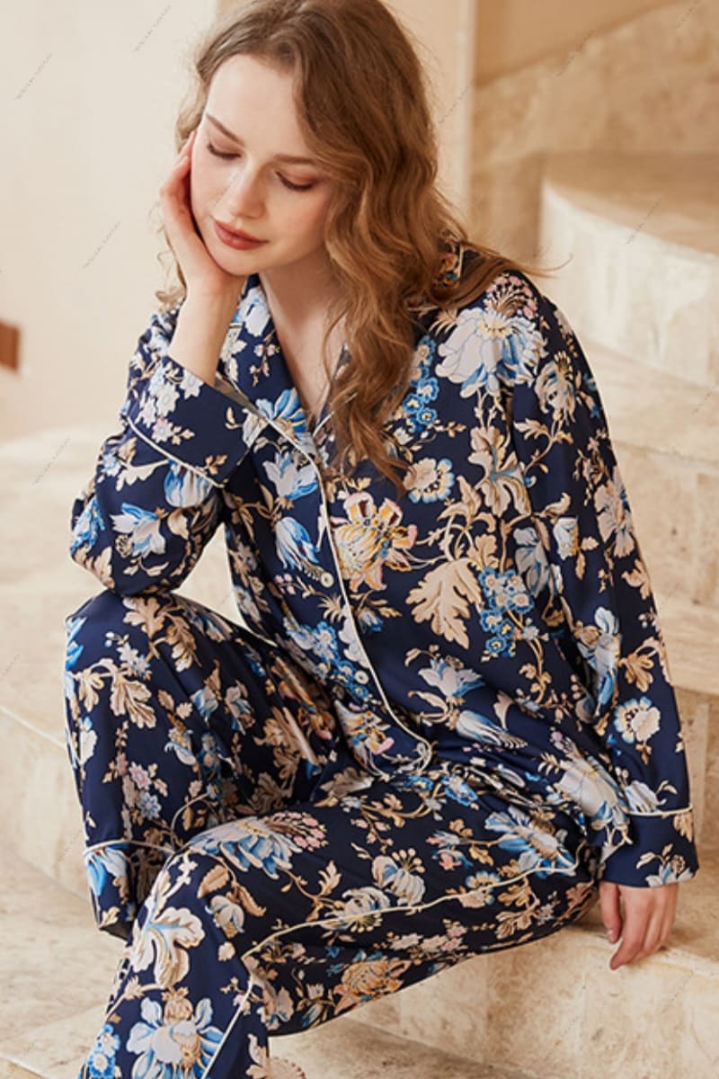 Begonia Flower Print Long-Sleeve Pajama Loungewear Set