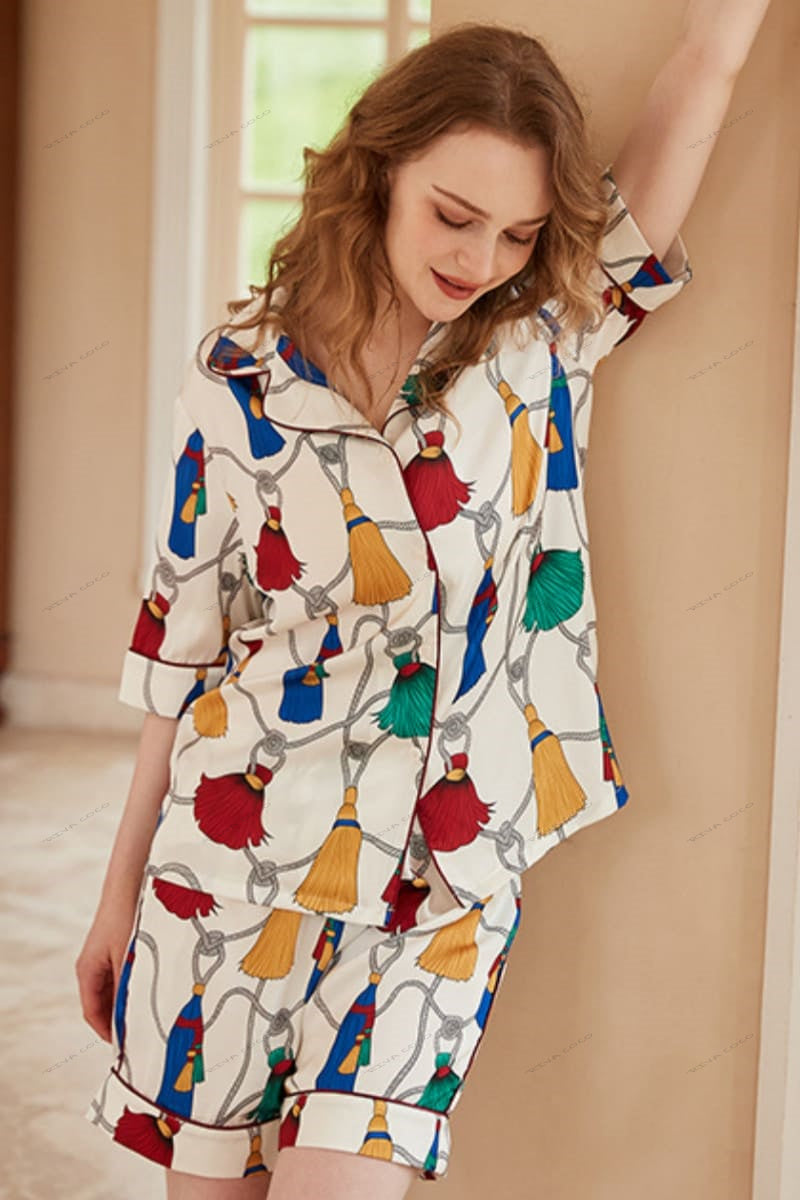 Fringe Pattern Ice Silk Short-Sleeve Loungewear Set