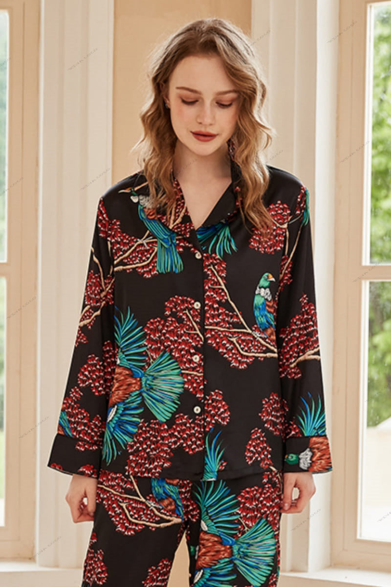 Bird of Paradise Pattern Ice Silk Long Sleeve Pajama Set
