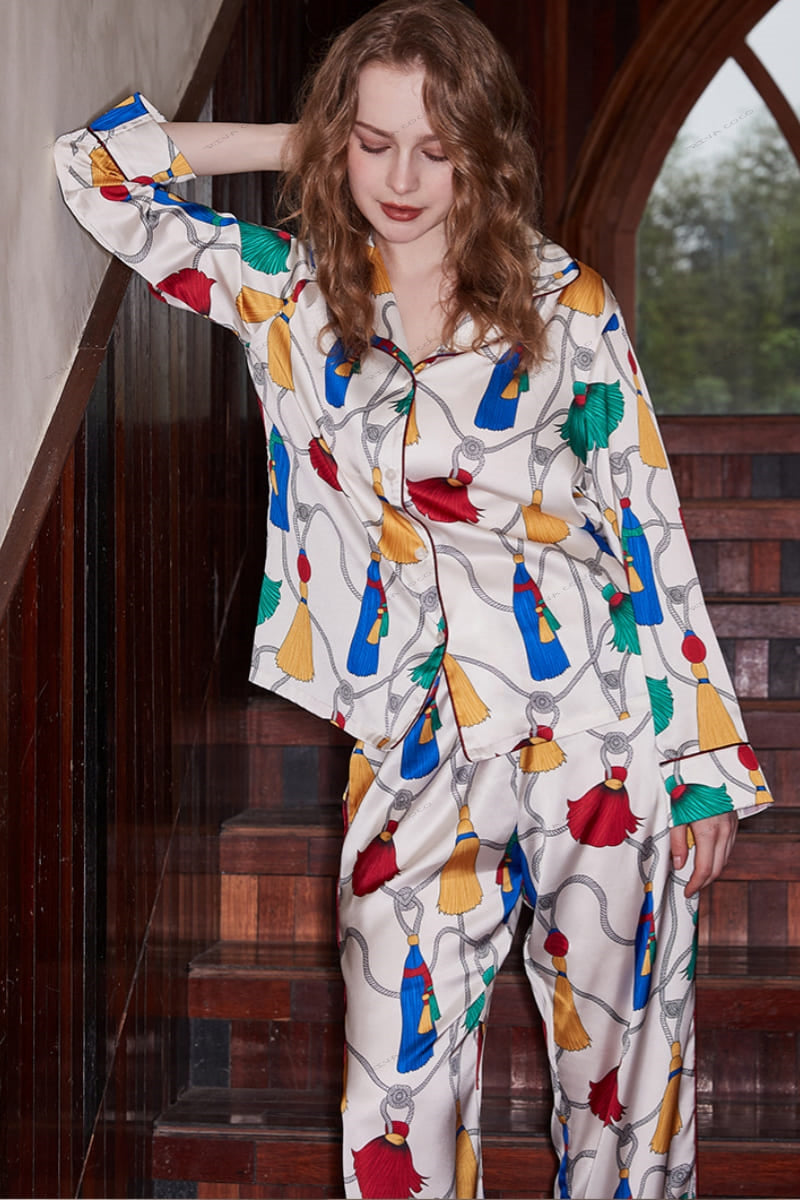 Fringed Pattern Ice Silk Long Sleeve Loungewear Set