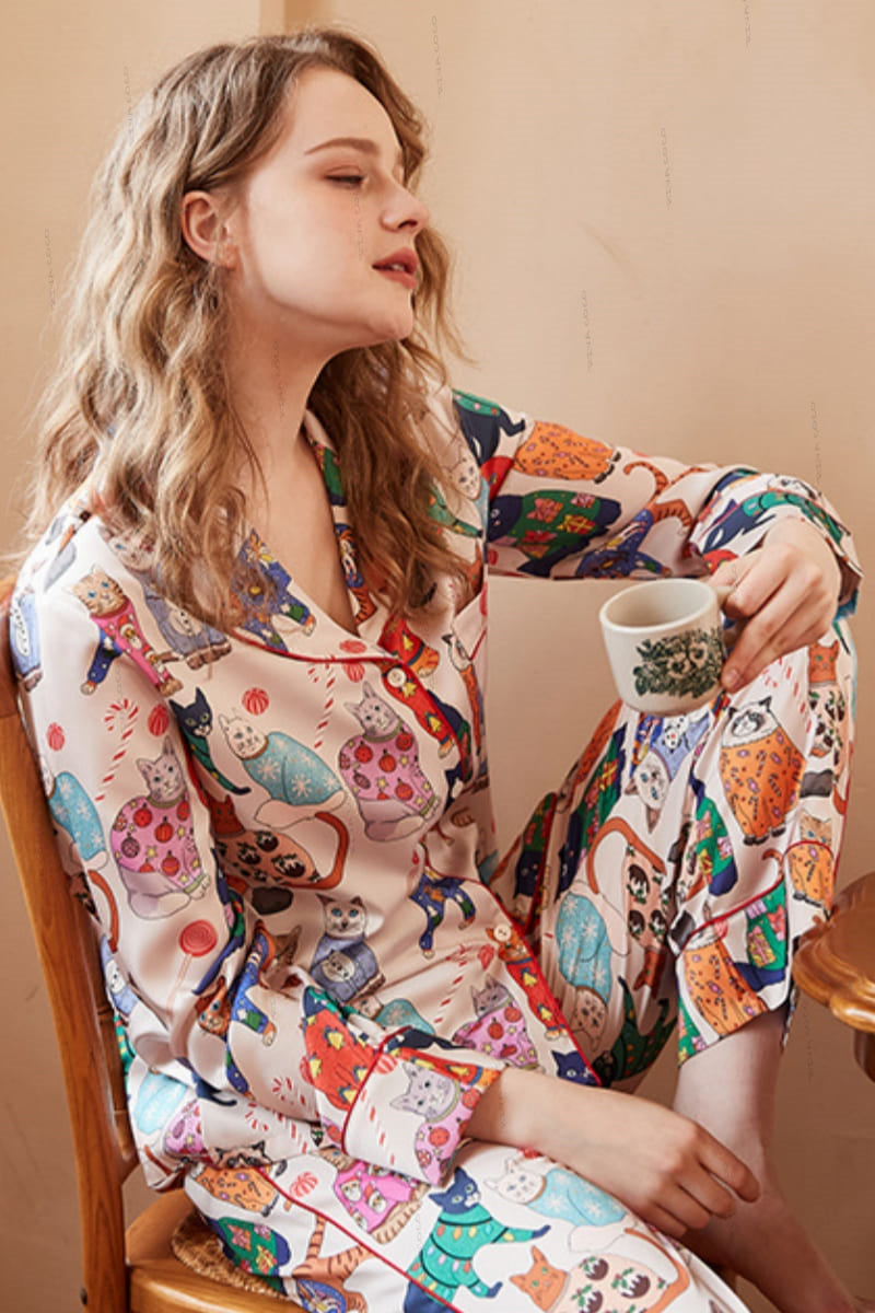 Cute Cat Print Ice Silk Long-Sleeve Pajama Set