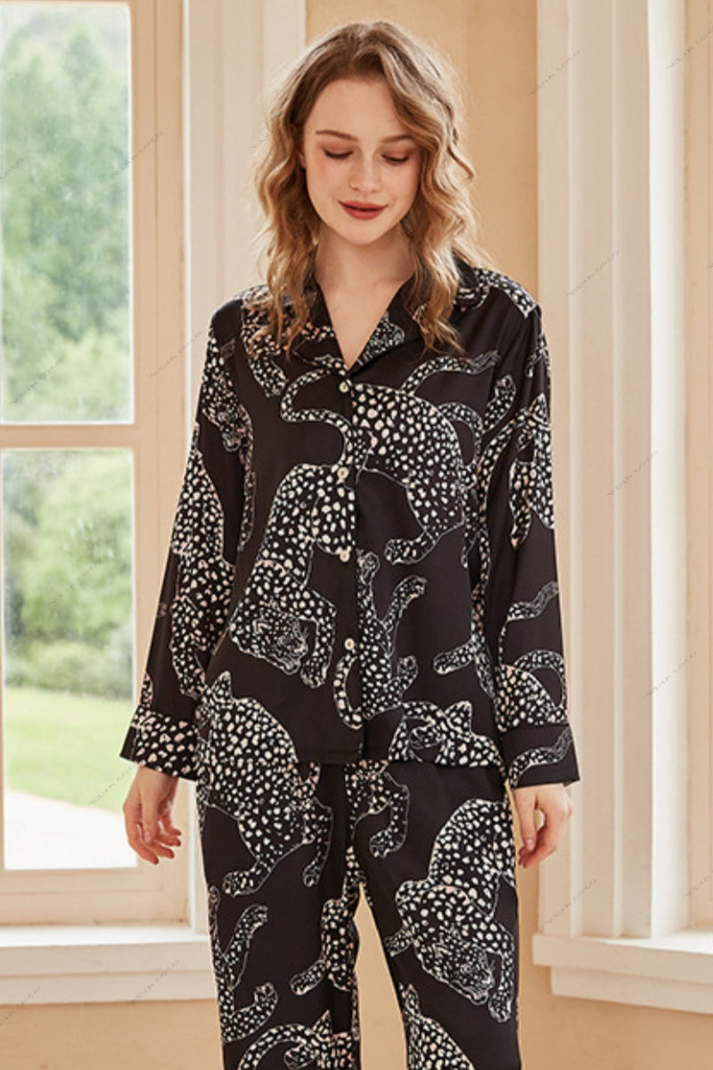 Black Jaguar Print Silk Ice Long-Sleeve Pajama Set
