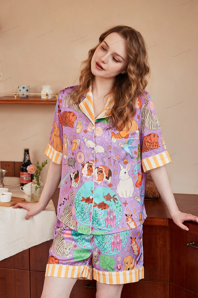Guinea Pig and Fish Print Ice Silk Short-Sleeve Loungewear Set